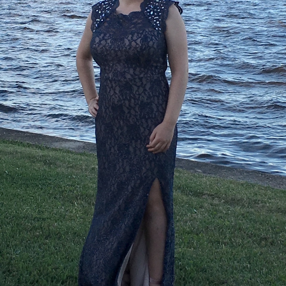 David’s Bridal Blue Lace Prom Dress